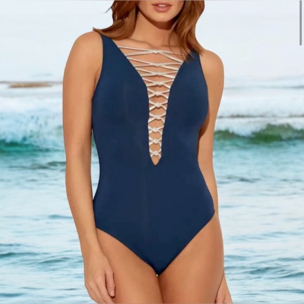 Bleu‎ Rod Beattie Blue Silver One Piece Swimsuit NWT $109 Retail